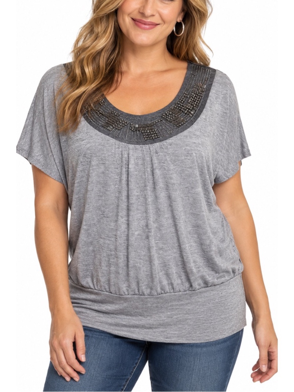 BCX heather-gray short-sleeve tunic top featuring a flattering scoop neckline
